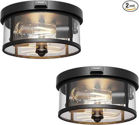 2Pack Outdoor Ceiling Light with Motion Sensor 9.3in - Porch Lights Outdoor, E26 Base, Flush Mount, 360° Detection, 3 Modes (Auto/Dusk to Dawn/Always-on), Farmhouse Ceiling Light for Porch, Entryway