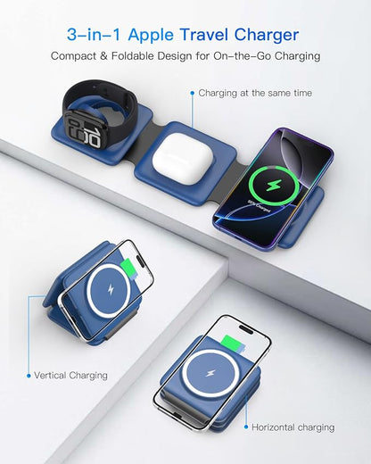 Iseyyox Charging Station for Apple Devices - 3 in 1 Magnetic Foldable Wireless Charger Dock - Travel Charging Pad for MagSafe iPhone 16 15 14 13 12 Pro Max Plus Watch & Airpods