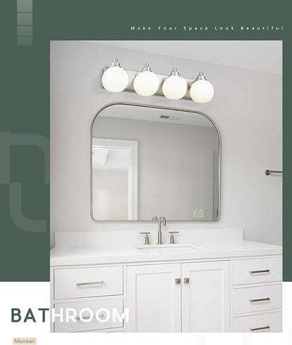 METWET Bathroom Light Fixtures, 4 Light Brushed Nickel Vanity Light, 26 Inch Modern Wall Sconces with Globe Milk White Glass Shade, Vanity Lighting Fixtures Over Mirror, VL195-BN-ML-4