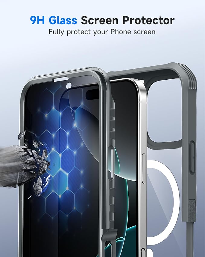 seacosmo for iPhone 16 Pro Case, Full Body Bumper with Built-in 9H Tempered Glass Privacy Screen Protector and Camera Lens Protector, Compatible with MagSafe, Shockproof Phone Cover, 6.3", Gray