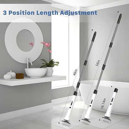 Electric Spin Scrubber, Hillyfe Bathroom Scrubber Electric with 7 Replaceable Brush Heads, IPX7 Waterproof,300/400 RPM, 3 Adjustable Length,Scrubber Brush Electric for Bathtub Floor,White