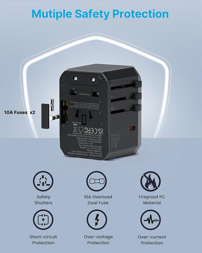 Universal Travel Adapter, VINTAR 70W GaN International Power Adapter with 5 USB Ports (3 USB-C), All-in-one Travel Essentials Plug Adaptor, Travel Adapter Worldwide for UK/EU/USA/AUS, Black