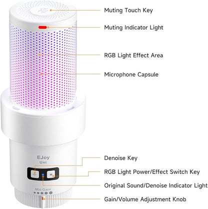 COMICA Wireless USB Microphone for Computer and Smartphone,48kHz/24bit RGB Cardioid Condenser Gaming Mic for Podcasting,Streaming,Recording,with Desktop Stand-White(EJoy Uni Pro D)