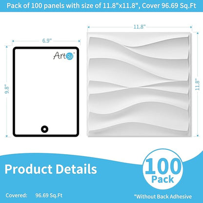 Art3d 100 Pack Decorative 3D Wall Panels, 97 Sq.Feet PVC Interior Wall Décor, 11.8"x11.8", White