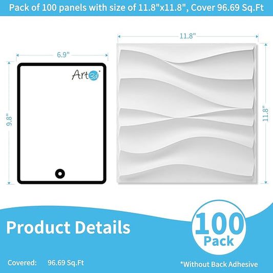 Art3d 100 Pack Decorative 3D Wall Panels, 97 Sq.Feet PVC Interior Wall Décor, 11.8"x11.8", White
