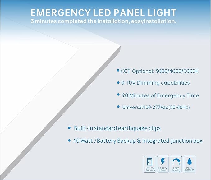 2X4 LED Flat Panel Light with Emergency Battery Backup, 50W 3000K/4000K/5000K, 0-10V Dimmable, 6500 Lumens, LED Drop Ceiling Lights, 100-277V, DLC UL Listed, Ultra Thin Back-Lit (16 Pack)
