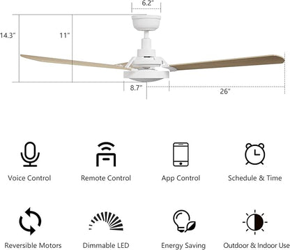 SMAAIR 52 Inch Smart Wifi Ceiling Fans with Dimmable LED Lights and Remote, Compatible with Alexa/Google Home/Siri/APP, Outdoor DC Fans with 10 Speeds, Timer/Schedule,Light White