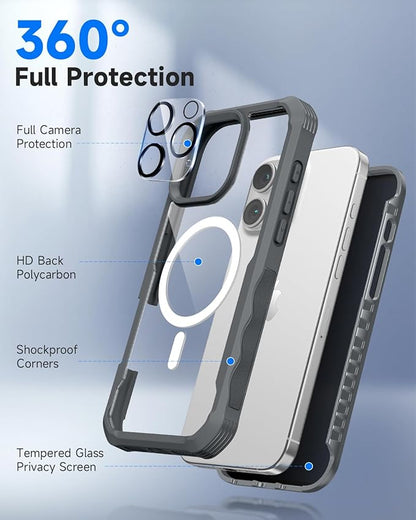 seacosmo for iPhone 16 Pro Case, Full Body Bumper with Built-in 9H Tempered Glass Privacy Screen Protector and Camera Lens Protector, Compatible with MagSafe, Shockproof Phone Cover, 6.3", Gray
