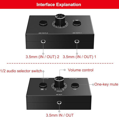Audio Switcher 3.5mm Audio Selector Splitter Box Mini 2(1)-in-1(2)-Out Audio Sharing Manual Selector Compatible Active Speaker((3.5mm Stereo Audio Switcher)
