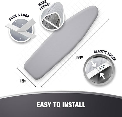 COTTY HOME Extra Thick Ironing Board Covers with Pad Standard Size 15x54, Heat Reflective Full Scorch Resistant Padding, Snug Fit Non-Slip Nose Pocket Fastener Straps Elastic Edges, Gray
