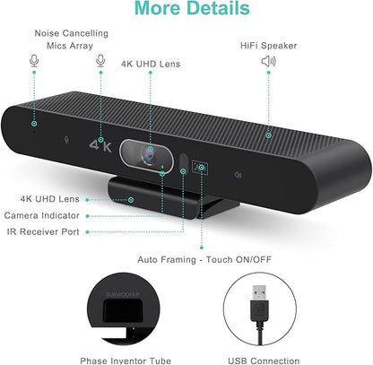 RayBit 4K Pro Audio and Video Conference Room Camera with Remote Control for Windows TV, AI-Powered HD Webcam with Microphone & Speaker for Desktop Computer/PC/Monitor/Laptop/Teams/Zoom/Skype