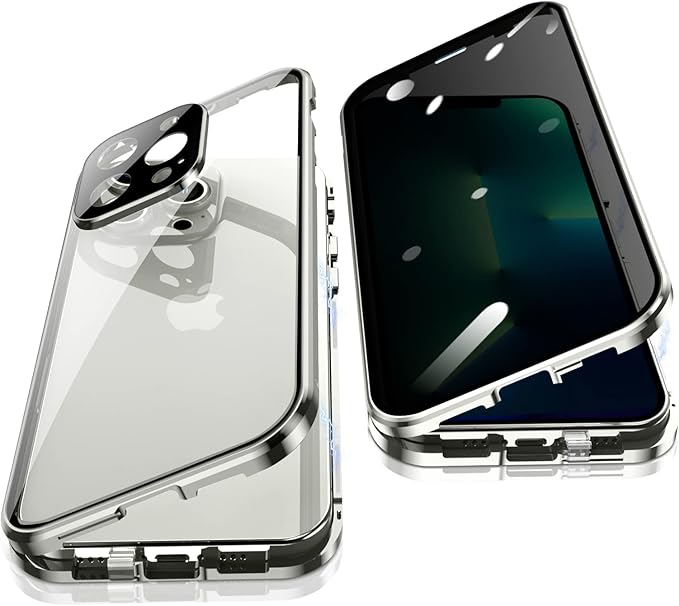 Jonwelsy Anti Peeping Case for iPhone 13 Pro Max, 360 Degree Protection Cover, Privacy Tempered Glass Anti-Spy Case Cover, Magnetic Adsorption Bumper Metal Frame Case for 13 Pro Max (Silver)