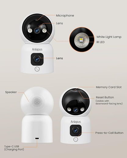 Anlapus 2 x A51D 4MP Dual Lens(2MP+2MP) Indoor Security Camera, Motion Detect, Auto Track, Plug-in, 360° WiFi Pan/Tilt Camera, 2.4GHz WiFi, Two-Way Talk, Light & Siren Alert, Memory Card Not Include