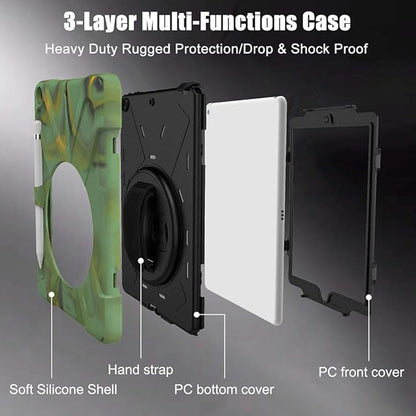 ZenRich Shockproof Case for iPad 9th/8th/7th Generation 10.2 inch 2021/2020/2019, Heavy Duty Rugged Case with Pencil Holder/360° Rotating Kickstand/Handle/Carrying Strap, Camouflage