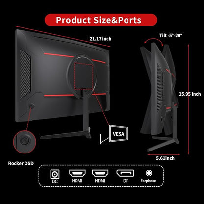 KTC 24 Inch 1500R Curved Gaming Monitor,180Hz 1ms FHD 1080p VA Monitor, Adaptive Sync, 110% sRGB, HDR Support, DisPlayPort/HDMI,Tilt, VESA for Gaming Home Office Business PS5 PC Monitors