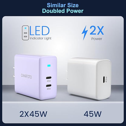 2Port 45W Super Fast Charger Type C, 2Pack 45W USB-C Charger Fast Charging for Samsung Galaxy S24 Ultra/S24+/S24/S23 Ultra/S23+/S22/S20/Note10+ with 2X 6.6ft Type C Cord (Purple)
