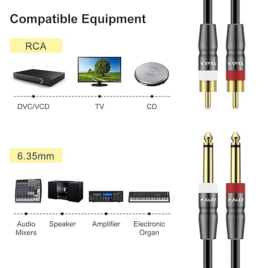 J&D Dual 1/4 inch TS to Dual RCA Cable, Heavy Duty 1/4 Male to RCA Male Adapter Stereo Audio Interconnect Quarter inch Cable, 20 Feet