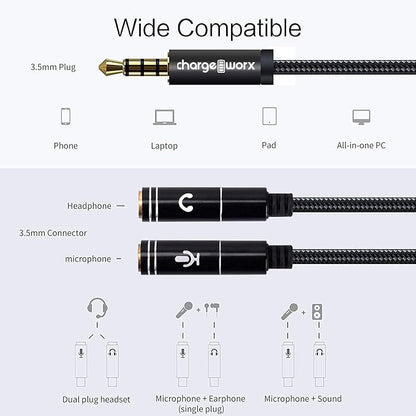 ChargeWorx 3.5mm Mic and Headphone Jack Splitter, Y-Splitter Adapter with High-Fidelity Sound Quality, Compatible with Smartphone, PC, Laptop, Tablet, and Gaming Consoles, Tangle-Free Cable