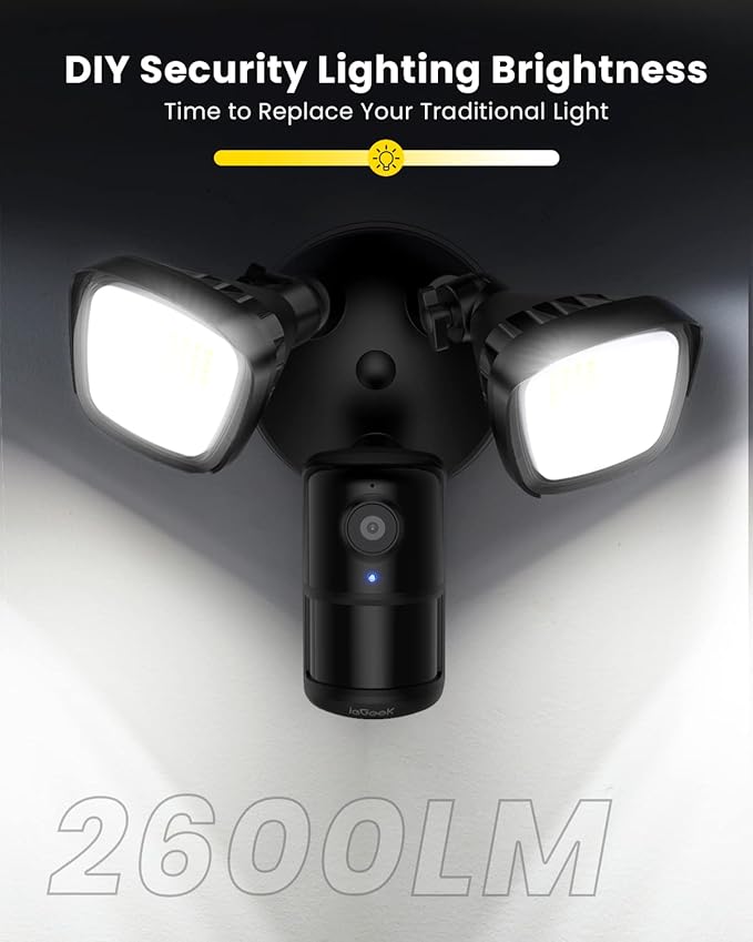 ieGeek Floodlight Camera Outdoor, 2K Wired Home Smart Security Cameras, 2.4G WiFi Flood Light Camera with Motion Sensor, Wiring 2600 Lumens Cam, Color Night Vision,Siren,2 Way Audio, Works with Alexa
