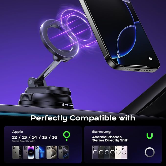 Magnetic Car Phone Holder,360° Rotation Strong Suction Car Phone Mount Detachable Vacuum Suction Phone holder Foldable Cellphone Stand for iPhone 16 15 14 13 12 Series and All Magsafe Smartphones