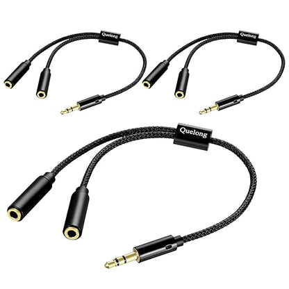 Quelong 3Pcs Headphone Splitter, Dual Headphone Nylon Braided Extension Cable, Hi-Fi Audios Stereo Y Splitter 3.5mm 2 Female 1 Male, Suitable for Phones, PS4, Amplifiers, Smartphones, Tablets,etc.