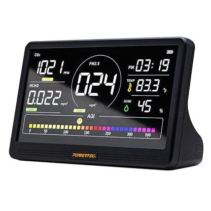 POWERTEC AD1001 Air Quality Monitor with 7” LCD Display – Multi-Sensor CO₂, PM2.5, PM10, HCHO, TVOC Detector, NDIR Sensors, Rechargeable Indoor/Workshop Air Monitor