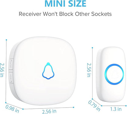 SECRUI Wireless Doorbell, Mini Door Bell with 58 Chimes 5 Volume Levels, 1 Waterproof Button 2 Plug in Receiver, White Doorbell with Led Blue light for Home/Classroom/Office