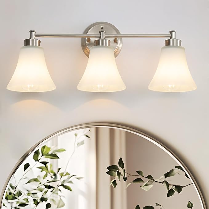 LOUSACE 3 Light Bathroom Vanity Light Vintage Brushed Nickel Bathroom Lighting Fixtures Over Mirror, Traditional Wall Sconce Lighting with Opal Glass Shade, Nickel Vanity Lighting Fixture