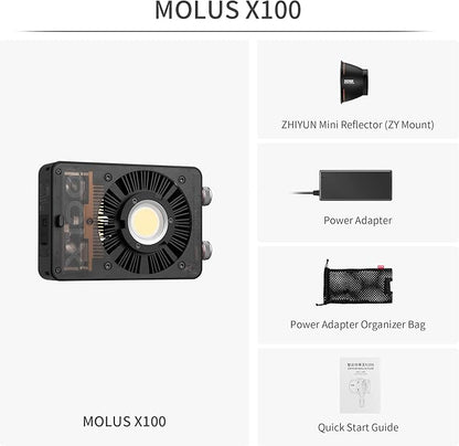 ZHIYUN MOLUS X100 Bi-Color Standard 100W Video Light [Official] V2 Upgraded Version Professional Photography Lighting Portable Continuous Output Lighting 2700~6500K CRI≥95 TLCI≥97（No Battery）