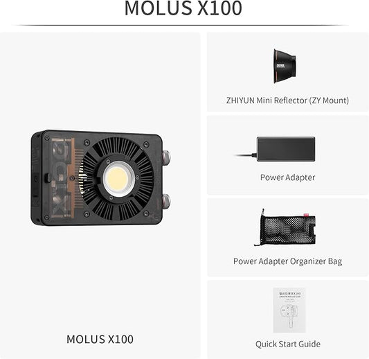 ZHIYUN MOLUS X100 Bi-Color Standard 100W Video Light [Official] V2 Upgraded Version Professional Photography Lighting Portable Continuous Output Lighting 2700~6500K CRI≥95 TLCI≥97（No Battery）