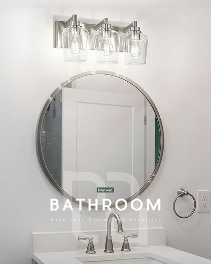 METWET Bathroom Light Fixtures, 3-Light Modern Vanity Light with Clear Glass Wine Glass-Shaped Shade, Vanity Lighting Fixtures Over Mirror, Brushed Nickel, VL155-BN-3