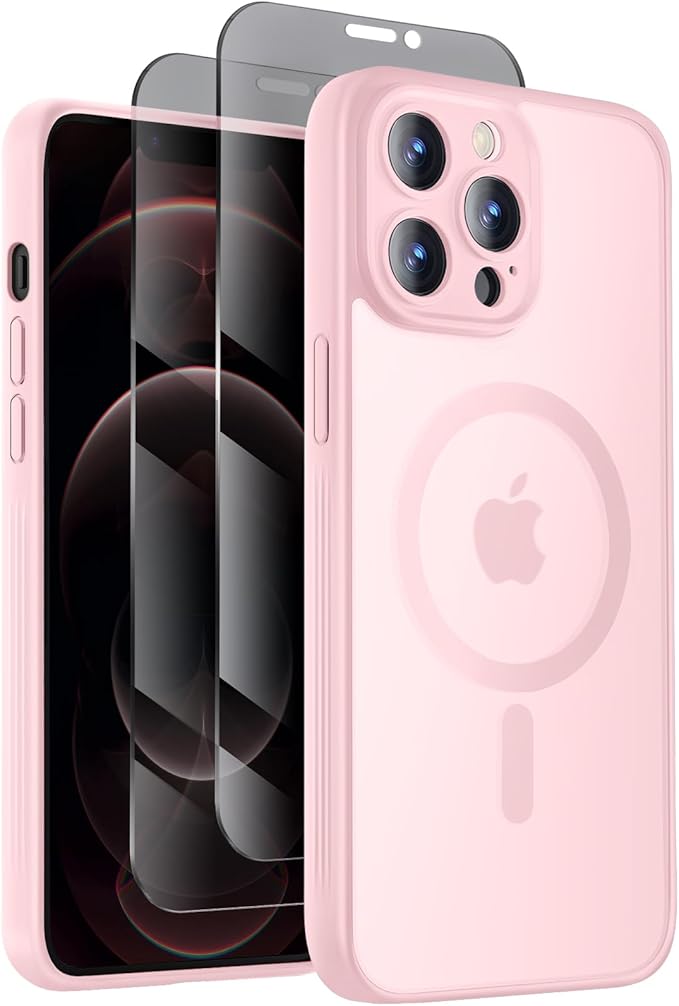 Designed for iPhone 12 Pro Case, Compatible with MagSafe, with Privacy Screen Protectors X2, [Camera Protection] [15FT Military Drop Protection] Shockproof Phone Case, 6.1", Pink