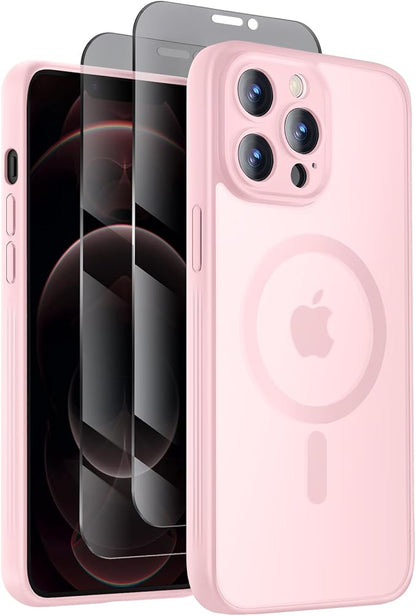 Designed for iPhone 12 Pro Case, Compatible with MagSafe, with Privacy Screen Protectors X2, [Camera Protection] [15FT Military Drop Protection] Shockproof Phone Case, 6.1", Pink