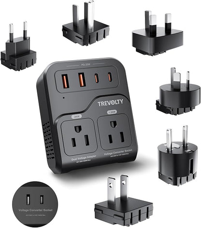 TREVOLTY 2000W Voltage Converter US to Europe, 220V to 110V Converter for Hair Dryer, 7-in-1 European Travel Plug Adapter with 3AC/2USB-A/2USB-C (PD20W), Travel Essentials with US/JP/FR/DE/UK/AU/EU