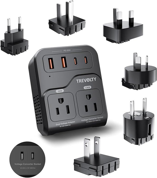 TREVOLTY 2000W Voltage Converter US to Europe, 220V to 110V Converter for Hair Dryer, 7-in-1 European Travel Plug Adapter with 3AC/2USB-A/2USB-C (PD20W), Travel Essentials with US/JP/FR/DE/UK/AU/EU