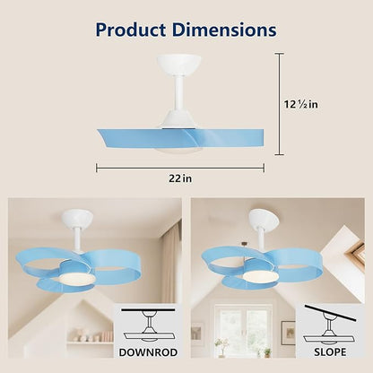 FANX 22 Inch Ceiling Fan with Light and Remote, Quiet DC Motor, Dimmable LED, Reversible 3-Speed Control, Easy Installation Flush Mount Fan for Small Rooms (Blue)