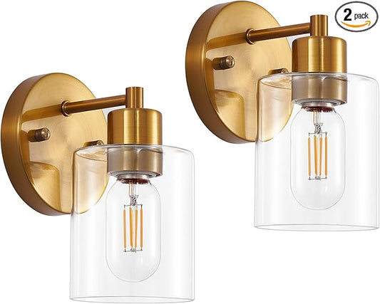 SOPEAS Brushed Gold Wall Sconce, Gold Vanity Light Modernbathroom Light fixtures with Clear Glass Shade Entrance Lamp Hallway Living Room Mount Bathroom Fixtures for Mirror (2PACK)