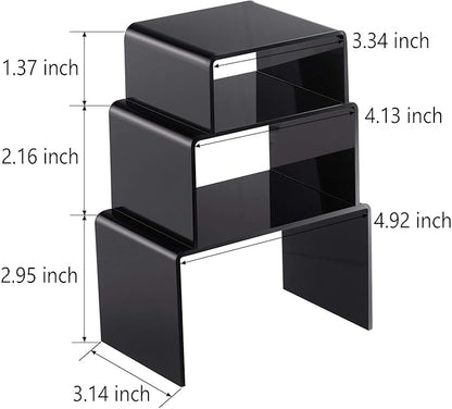 Chuangdi 2 Sets Acrylic Display Risers, Product Stand, Jewelry Display Riser Shelf Showcase Fixtures for Dessert Cupcake Candy Figure Treat Action Showcase(Black,Small Set)