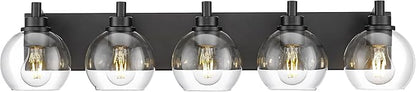 METWET Bathroom Light Fixtures, 5 Light Matte Black Vanity Light, 32 Inch Modern Wall Sconces with Globe Clear Glass Shade, Vanity Lighting Fixtures Over Mirror, VL195-MB-CL-5