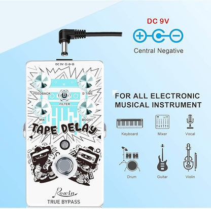 Rowin Tape Delay Guitar Pedal with Reverb Boost Effect Pedal Full Size True Bypass RE-01