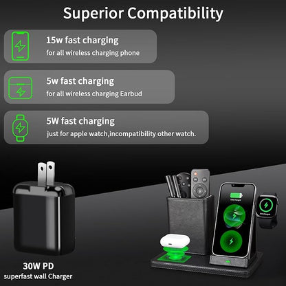 Office Supplies Desk Accessories,Pen Holder Remote Control Holder, Organizer with Phone Charger,Nightstand Desktop Organizer,Black Leather Desk Organizer With Charging Station (black)