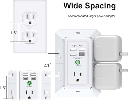 3-Sided Outlet Extender with Night Light - QINLIANF Multi Plug Outlet with 5 Outlets and 4 USB Ports(1 USB-C), USB Wall Charger for Home, Office, Travel, ETL Listed, White