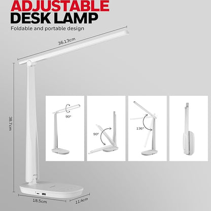 Honeywell LED Desk Lamp - HWT-H2 Sunturalux™ Eye-Caring Foldable Desk Light with USB A+C Dual Charging Port 4 Color Modes Dimmable Table Lamp for Home Office Bedroom Reading Study Work - White