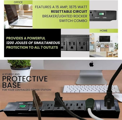 GoGreen Power Inc. (G-17636BK-2) 7 Outlet Surge Protector, 6FT Cord, Black, 2 Pack