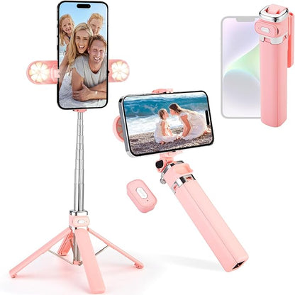 Mini Phone Tripod Stand,MQOUNY 38" Phone Tripod &Selfie Stick with Wireless Rechargeable Remote & Removable Light, Extendable Tripod Stand 360 Rotation Compatible with Phone&Android (MEI-Pink)