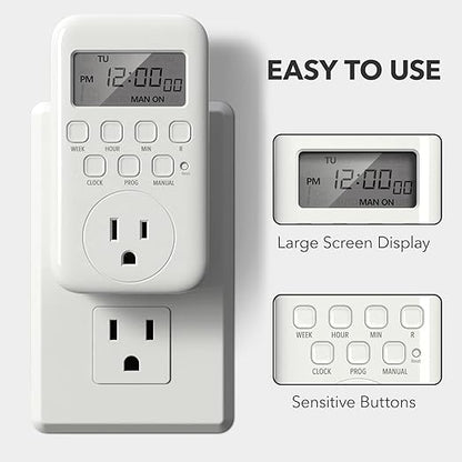 BN-LINK Indoor Digital Timer Outlet, Single Outlet 7 Day Programmable Light Switch, 3 Prong Plug in Timers for Electrical Outlets, Lamps, Fans, 8 On/Off Programs, 1 Pack, 15A/1875W, ETL Listed