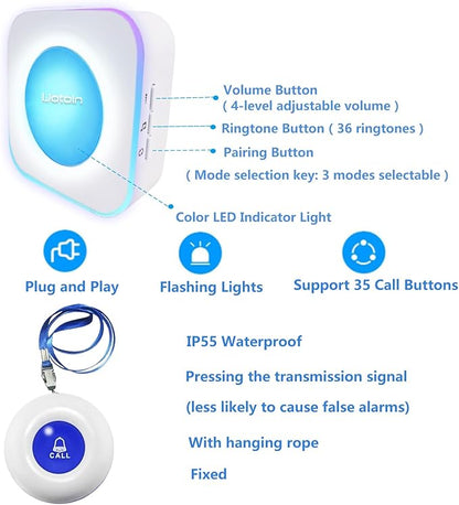 LIOTOIN Caregiver Pager Wireless Call Button Call Bell Alert Button Nurse Alert System for Elderly/Patients/Disabled Call Light System 600+ft Operating Range (with Color Light Flashing Reminder) ﻿