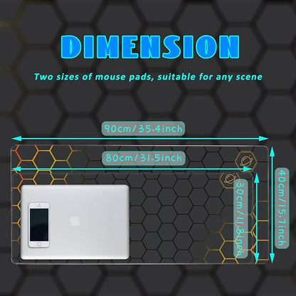 Desk Mat, Black Gold Honeycomb Technology Extended Gaming Mouse Pad Large, 35.4"x15.7" Big Mouse Pad with Non-Slip Base and Stitched Edge, Long Computer Keyboard Mouse Mat for Home Office Work