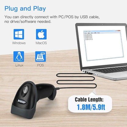 Eyoyo EYH2 Handheld USB 2D Barcode Scanner, Wired Automatic QR Code Scanner PDF417 Data Matrix Bar Code Reader with Long USB Cable for POS Mobile Payment, Convenience Store, Supermarket, Warehouse