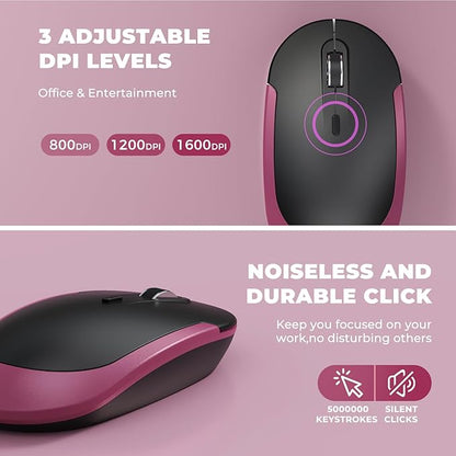 Rechargeable Wireless Keyboard and Mouse Combo, Vssoplor 2.4GHz Ultra Quiet & Slim Full Size Keyboard with 3-Level DPI Mouse for Windows PC Laptop, Black and Wine Red